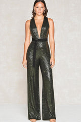 Dreamyannie Deep V-Neck Olive Wedding Guest Dress Gala Jumpsuits With Belt