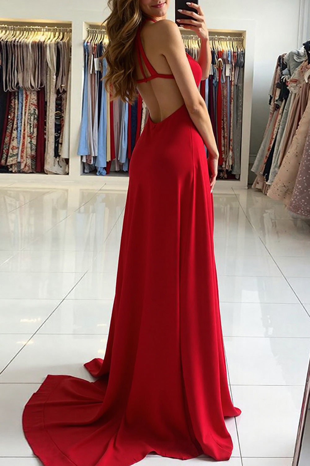 Dreamyannie Deep V-Neck Red Prom Dress A Line Long Formal Dress With Slit