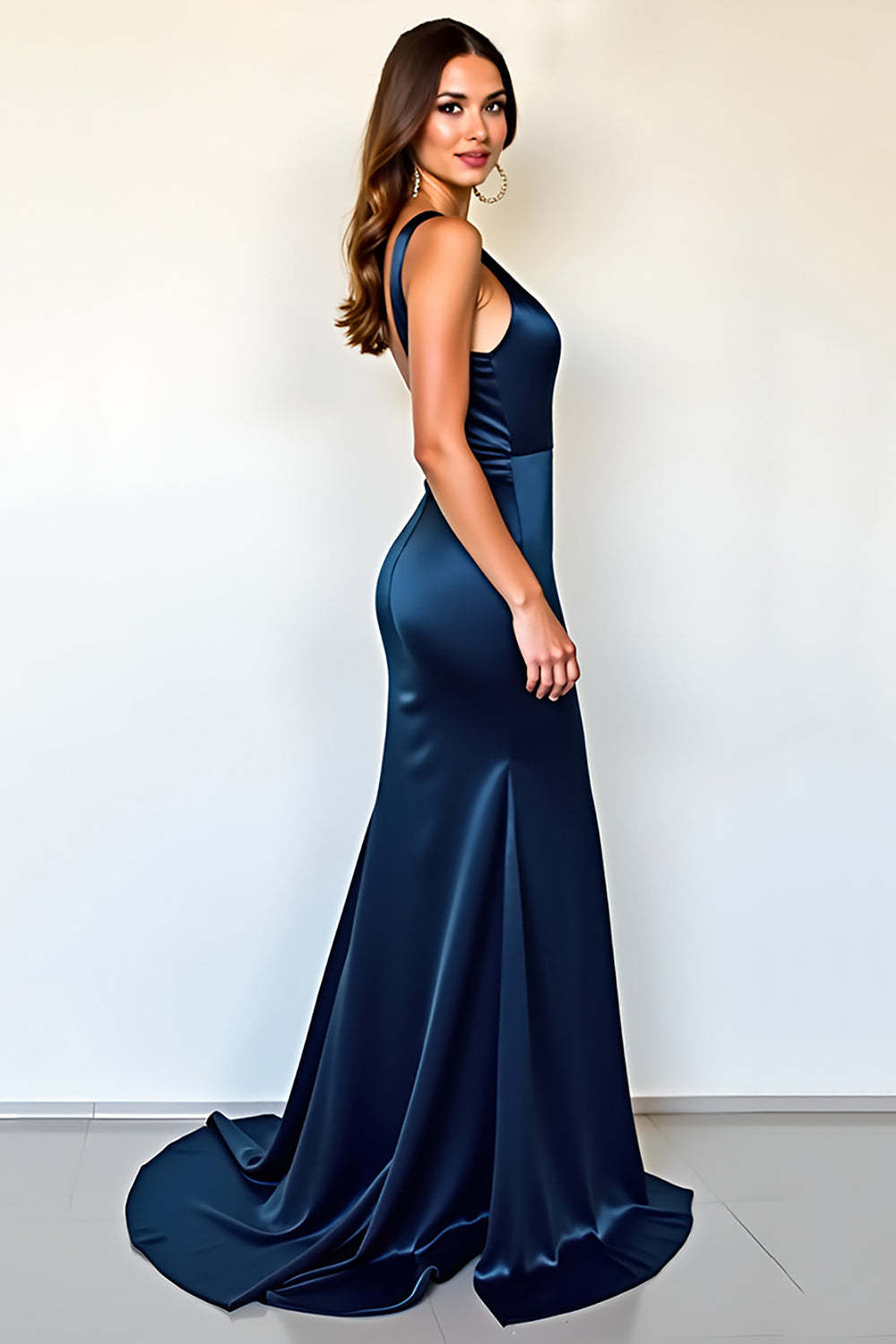 Dreamyannie Deep V-Neck Satin Navy Wedding Guest Dress Long Formal Dress With Slit