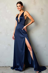 Dreamyannie Deep V-Neck Satin Navy Wedding Guest Dress Long Formal Dress With Slit