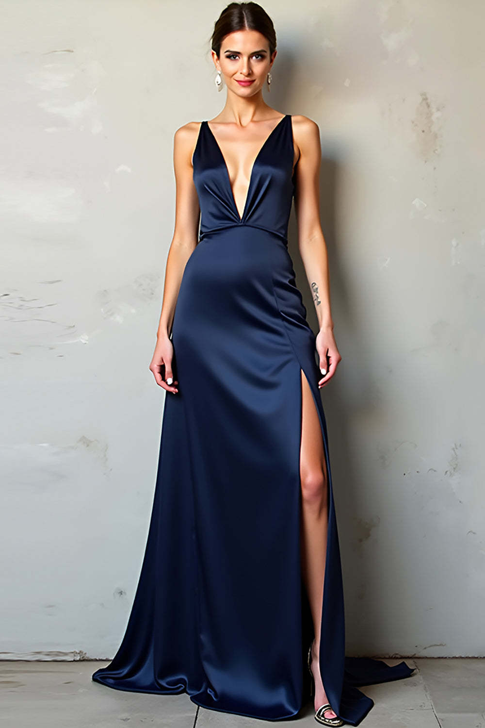 Dreamyannie Deep V-Neck Satin Navy Wedding Guest Dress Long Formal Dress With Slit