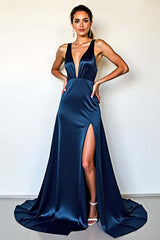 Dreamyannie Deep V-Neck Satin Navy Wedding Guest Dress Long Formal Dress With Slit