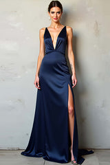 Dreamyannie Deep V-Neck Satin Navy Wedding Guest Dress Long Formal Dress With Slit