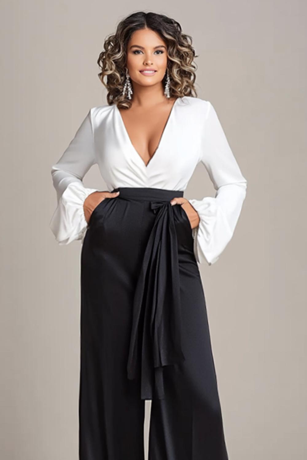Dreamyannie Deep V-Neck White And Black Wedding Guest Dress Satin Long Sleeves Formal Jumpsuits