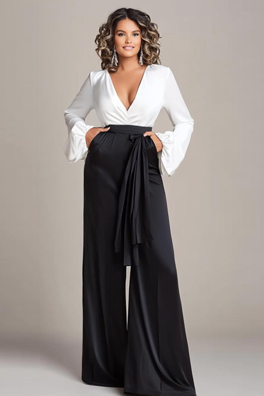 Dreamyannie Deep V-Neck White And Black Wedding Guest Dress Satin Long Sleeves Formal Jumpsuits