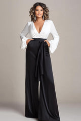 Dreamyannie Deep V-Neck White And Black Wedding Guest Dress Satin Long Sleeves Formal Jumpsuits