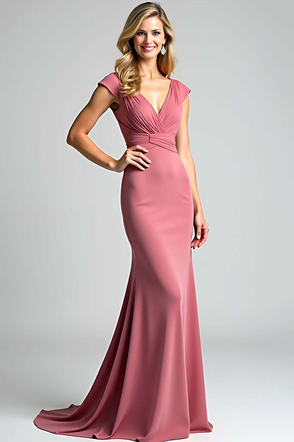 Dreamyannie Desert Rose Mermaid V-Neck Long Ruched Formal Dress