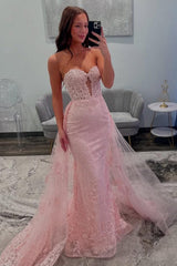 Dreamyannie Dreamy Pink Mermaid Sweetheart Lace Prom Dress With Tulle Train Formal Evening Gown