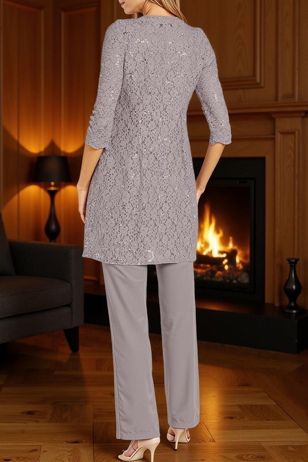 Dreamyannie Dusk Beaded Round Neck 3 Piece Mother Of The Bride Pant Suits With Jacket