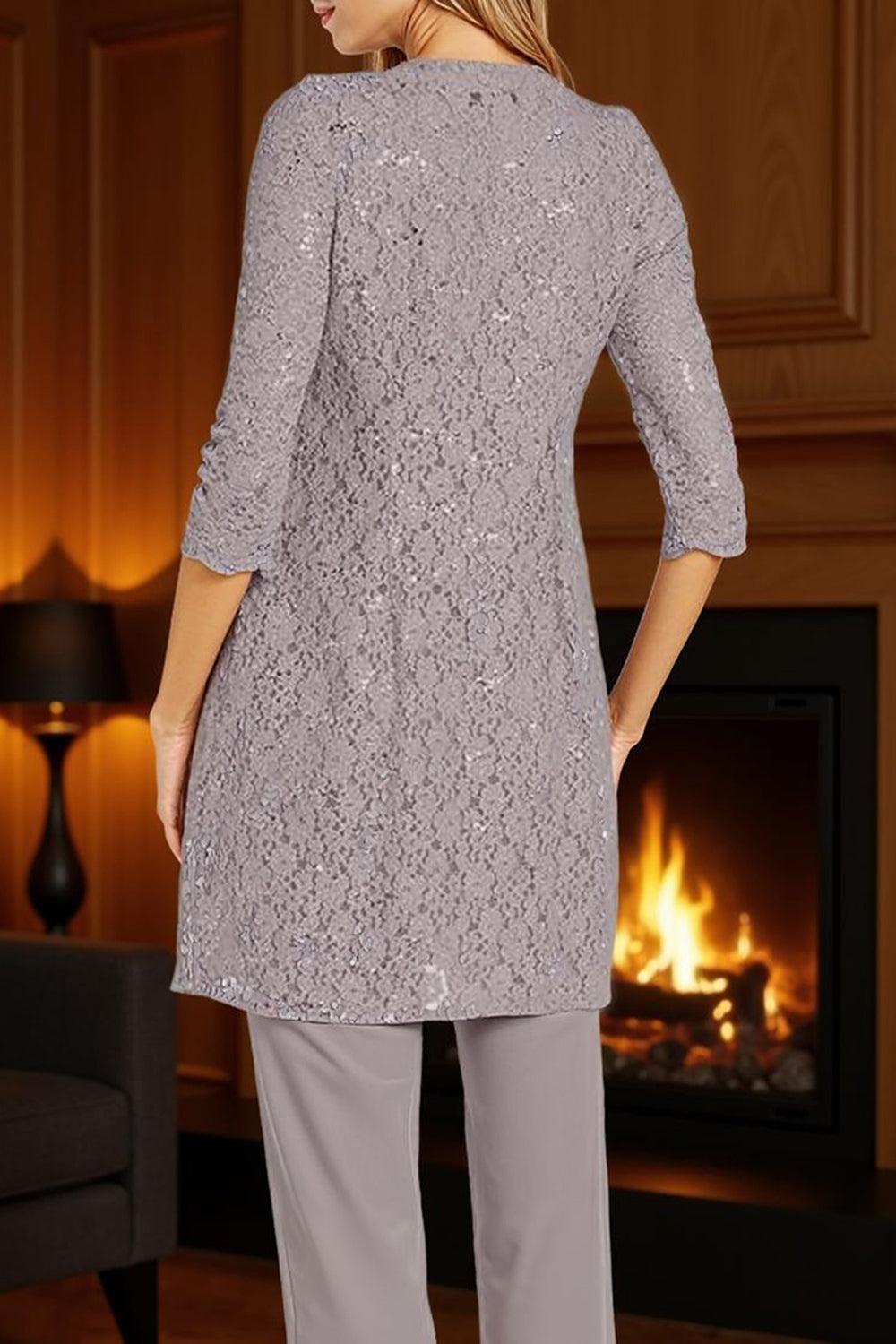 Dreamyannie Dusk Beaded Round Neck 3 Piece Mother Of The Bride Pant Suits With Jacket