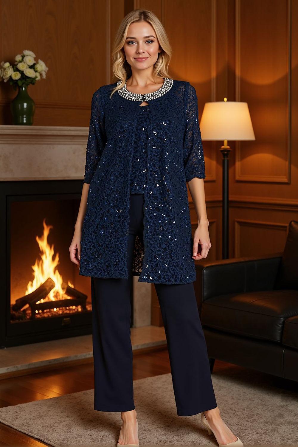 Dreamyannie Dusk Beaded Round Neck 3 Piece Mother Of The Bride Pant Suits With Jacket