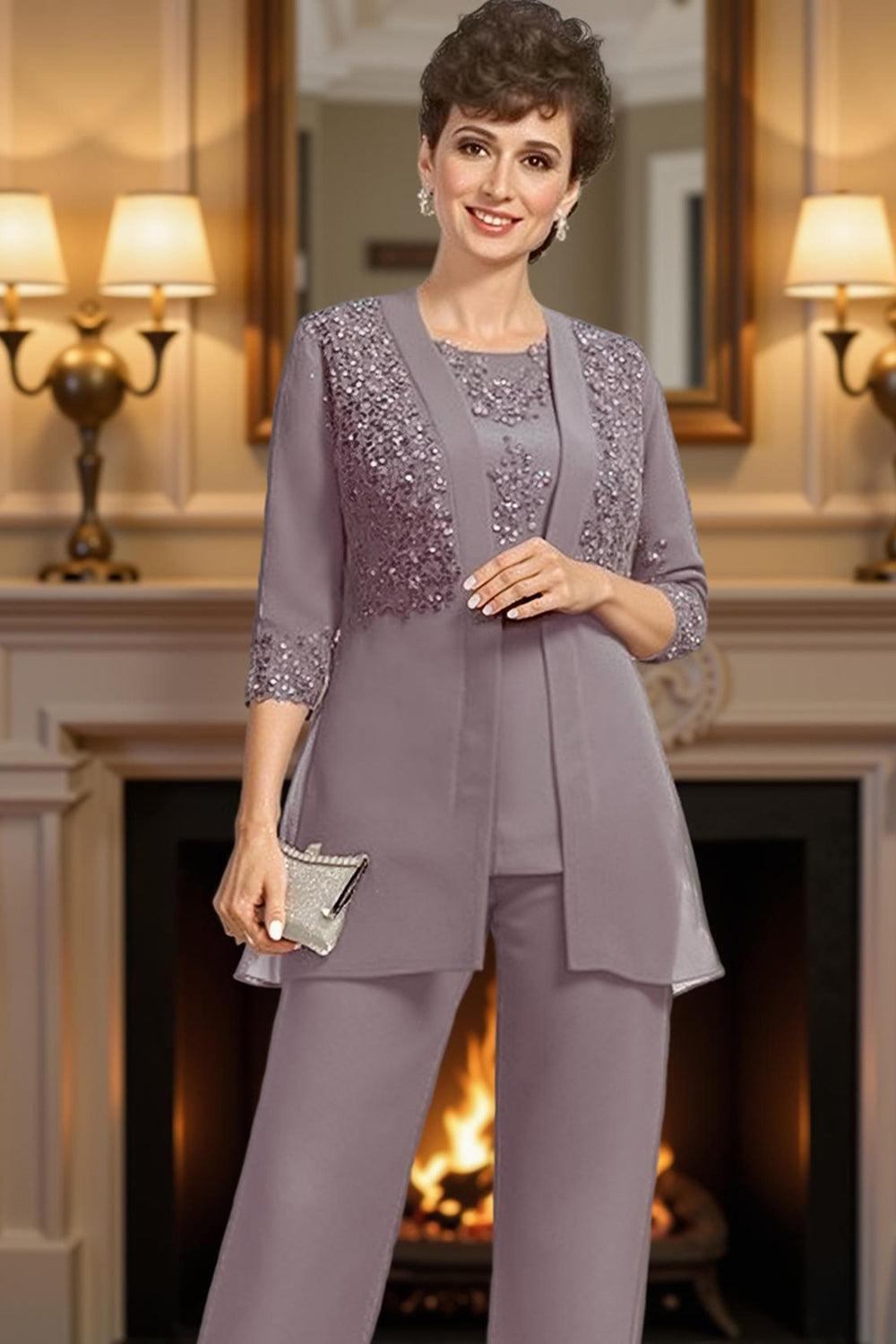 Dreamyannie Dusk Sequin 3 Piece Mother Of The Bride Pant Suits With Jacket
