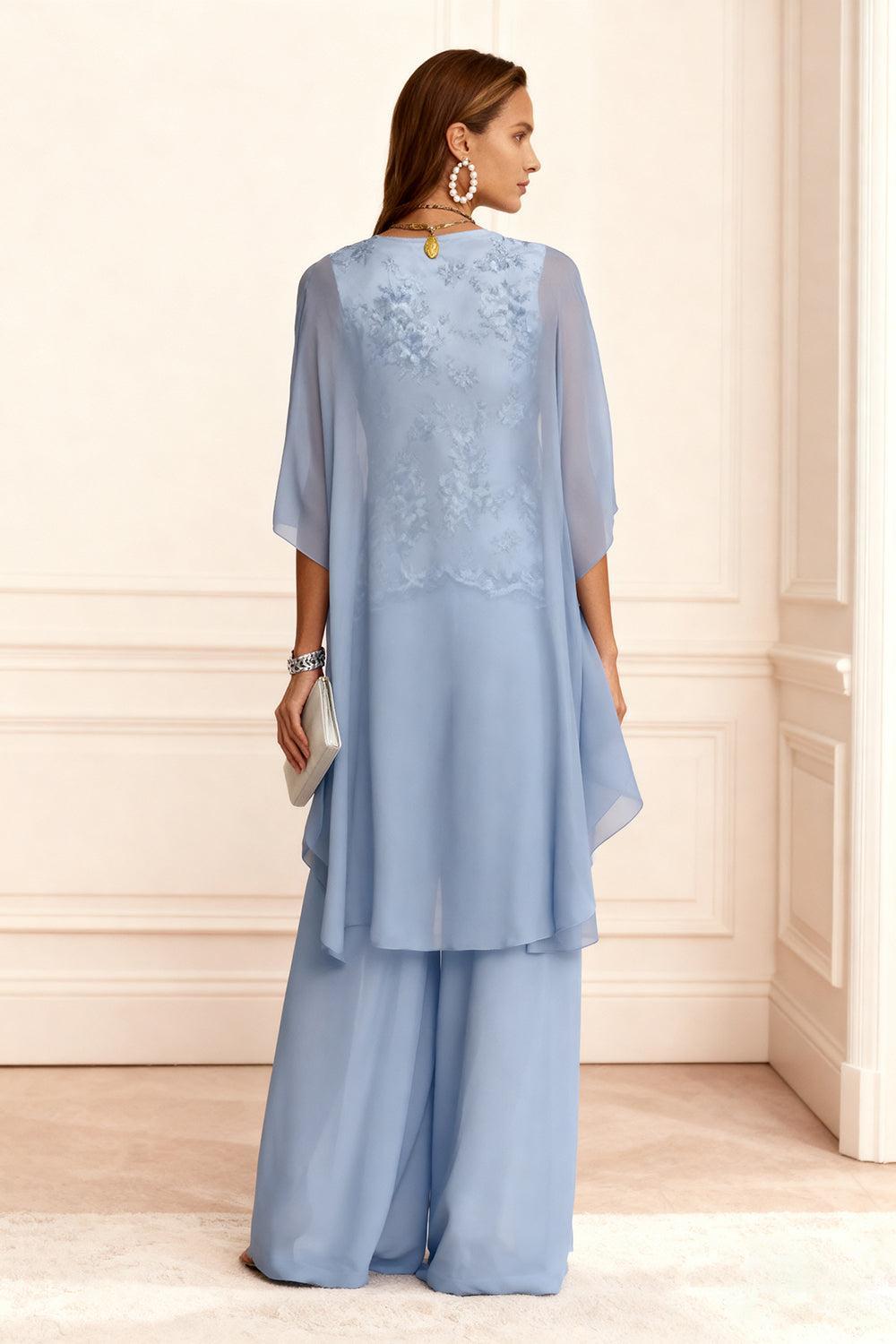 Dreamyannie Dusty Blue Chiffon Appliqued 3 Piece Mother Of The Bride Pant Suits With Jacket