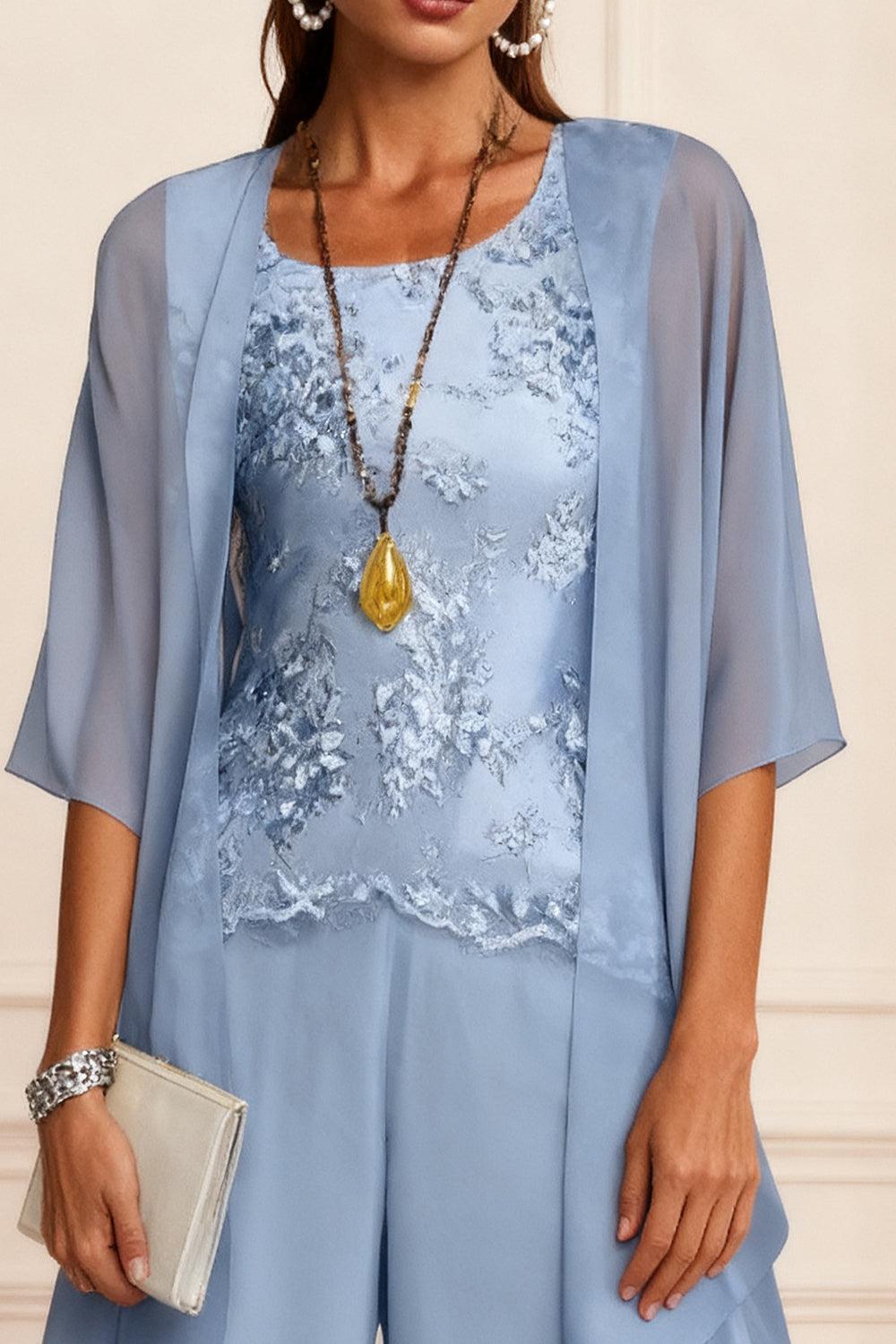 Dreamyannie Dusty Blue Chiffon Appliqued 3 Piece Mother Of The Bride Pant Suits With Jacket