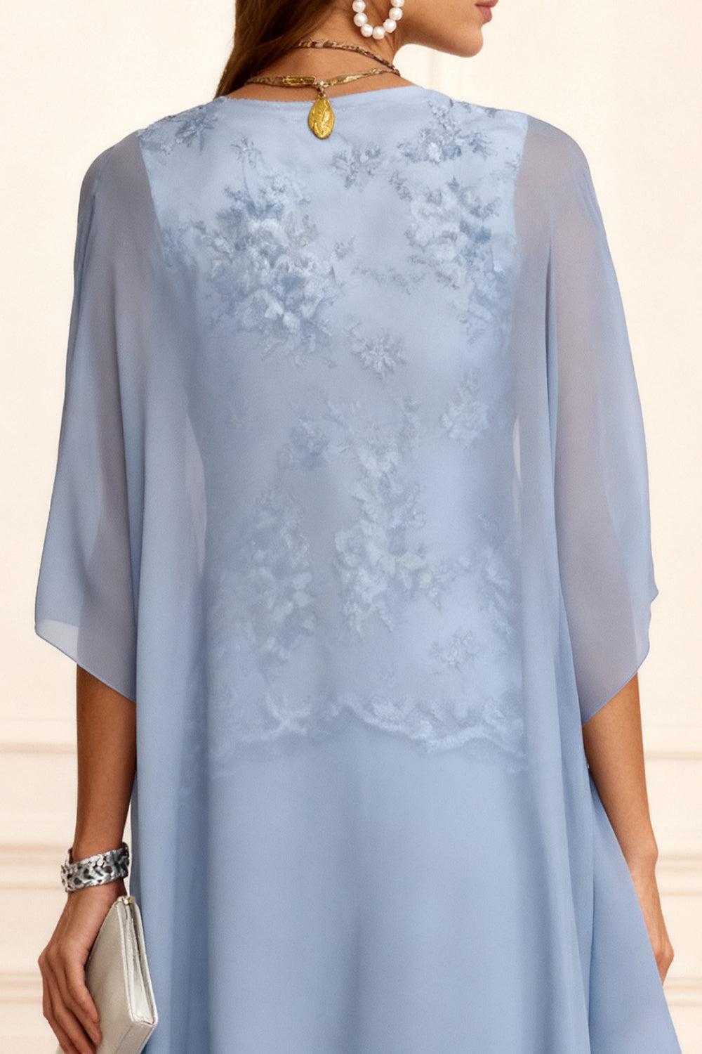 Dreamyannie Dusty Blue Chiffon Appliqued 3 Piece Mother Of The Bride Pant Suits With Jacket
