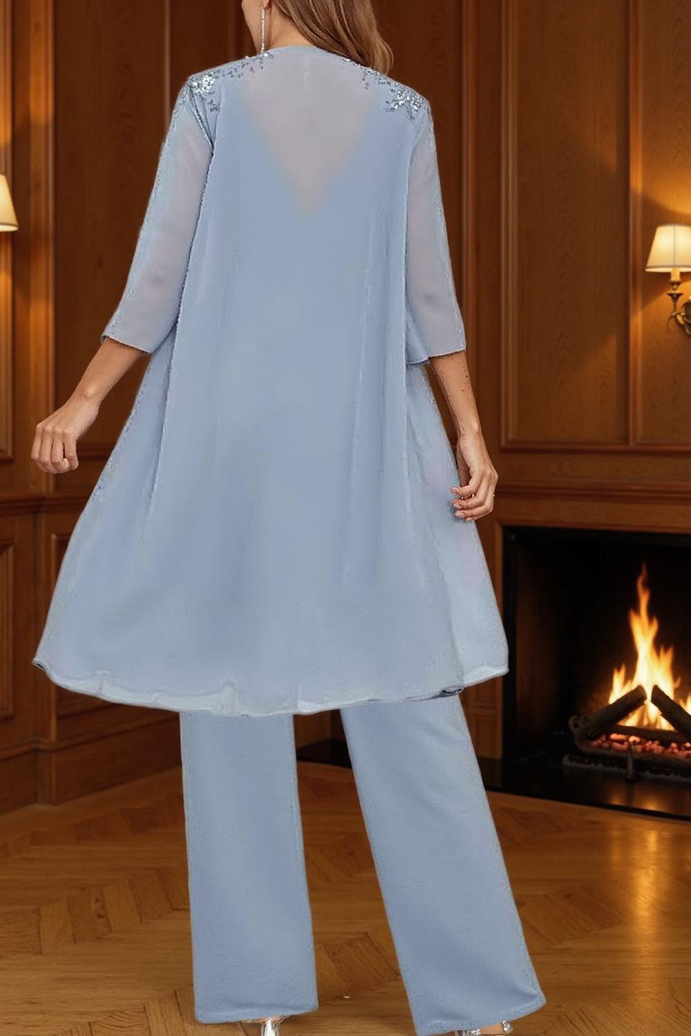 Dreamyannie Dusty Blue Chiffon Beaded 3 Piece Mother Of The Bride Pant Suits With Jacket