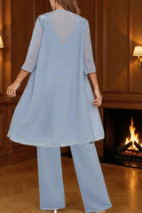 Dreamyannie Dusty Blue Chiffon Beaded 3 Piece Mother Of The Bride Pant Suits With Jacket