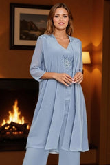 Dreamyannie Dusty Blue Chiffon Beaded 3 Piece Mother Of The Bride Pant Suits With Jacket
