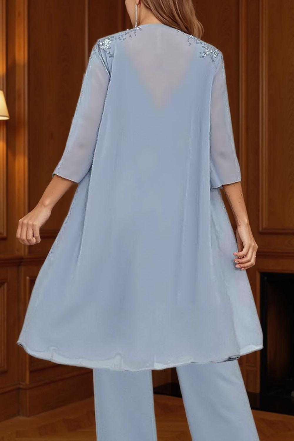 Dreamyannie Dusty Blue Chiffon Beaded 3 Piece Mother Of The Bride Pant Suits With Jacket