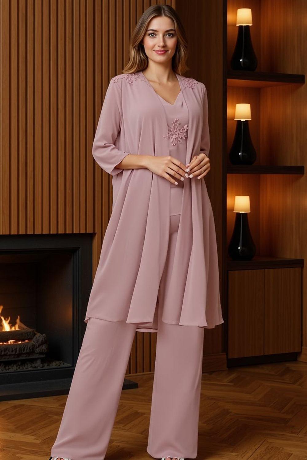 Dreamyannie Dusty Blue Chiffon Beaded 3 Piece Mother Of The Bride Pant Suits With Jacket