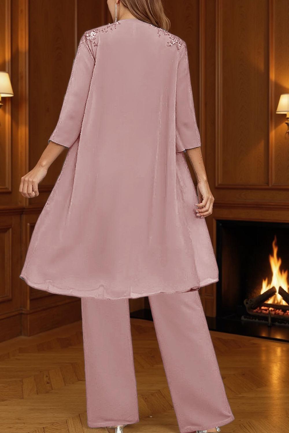 Dreamyannie Dusty Blue Chiffon Beaded 3 Piece Mother Of The Bride Pant Suits With Jacket