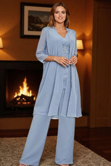 Dreamyannie Dusty Blue Chiffon Beaded 3 Piece Mother Of The Bride Pant Suits With Jacket