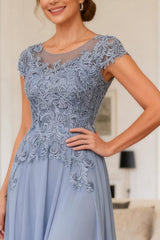 Dreamyannie Dusty Blue Chiffon Boat Neck Long Mother Of The Bride Dress With Lace