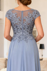 Dreamyannie Dusty Blue Chiffon Boat Neck Long Mother Of The Bride Dress With Lace