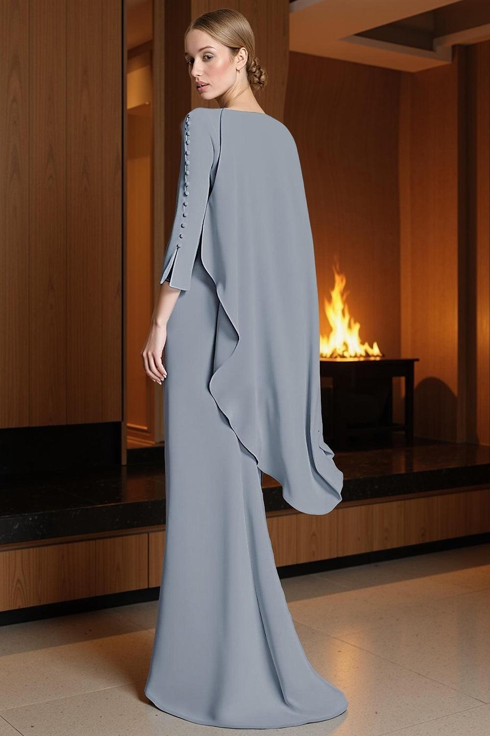 Dreamyannie Dusty Blue Chiffon Sheath Floor Length Mother Of The Bride Dress