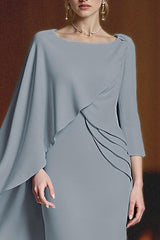 Dreamyannie Dusty Blue Chiffon Sheath Floor Length Mother Of The Bride Dress