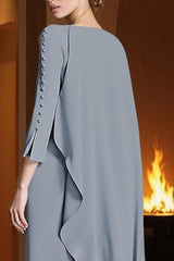 Dreamyannie Dusty Blue Chiffon Sheath Floor Length Mother Of The Bride Dress
