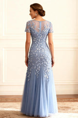 Dreamyannie Dusty Blue Lace Mermaid Floor Length Mother Of The Bride Dress With Sleeves