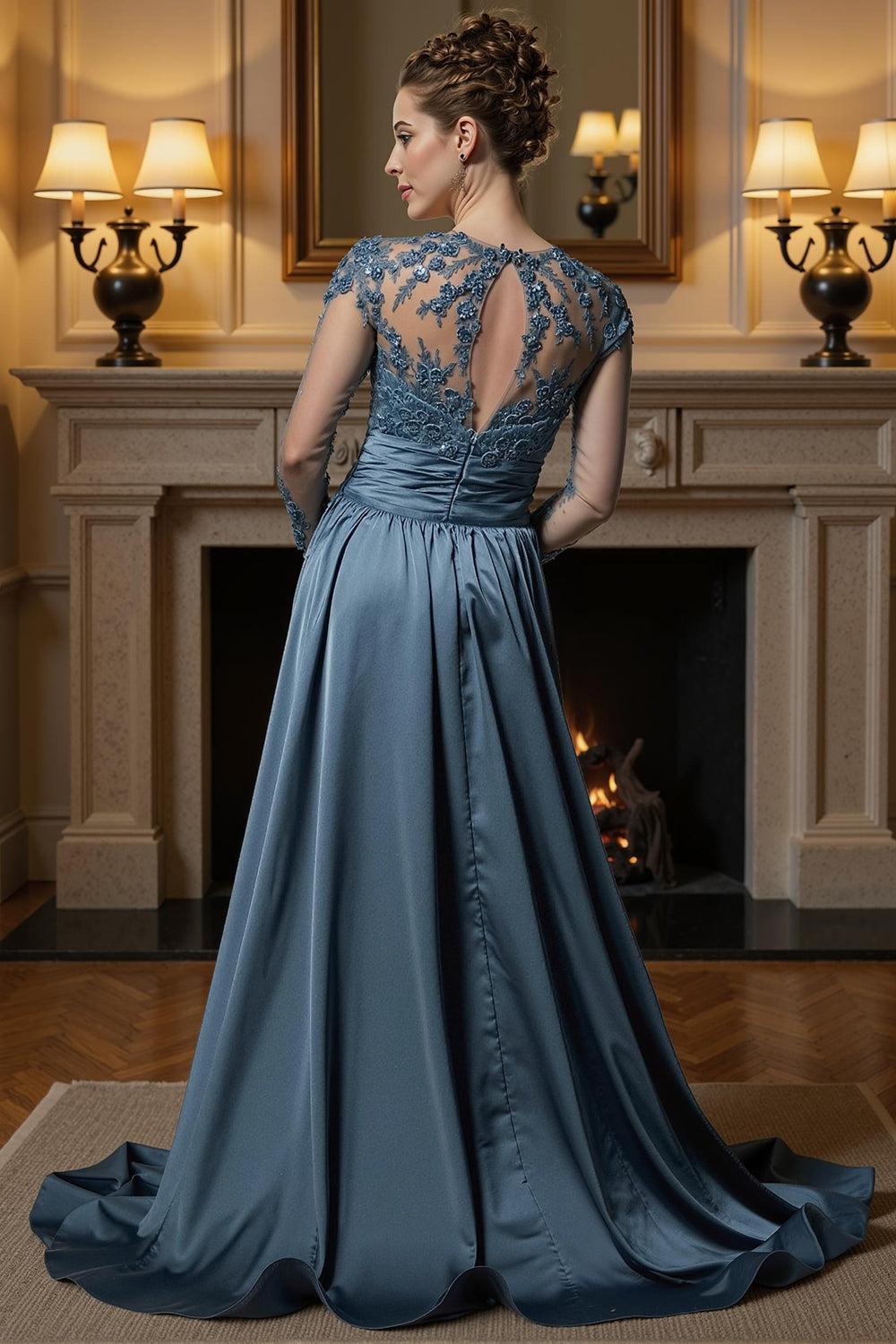 Dreamyannie Dusty Blue Mermaid Lace Floor Length Mother Of The Bride Dress With Cape