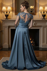 Dreamyannie Dusty Blue Mermaid Lace Floor Length Mother Of The Bride Dress With Cape