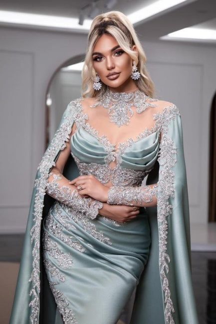 Dreamyannie Dusty Blue Prom Dress High Neck Long Sleeve Slit Watteau Train Satin Formal Dress With Appliques