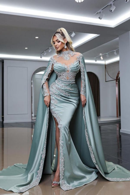 Dreamyannie Dusty Blue Prom Dress High Neck Long Sleeve Slit Watteau Train Satin Formal Dress With Appliques