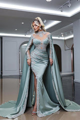 Dreamyannie Dusty Blue Prom Dress High Neck Long Sleeve Slit Watteau Train Satin Formal Dress With Appliques
