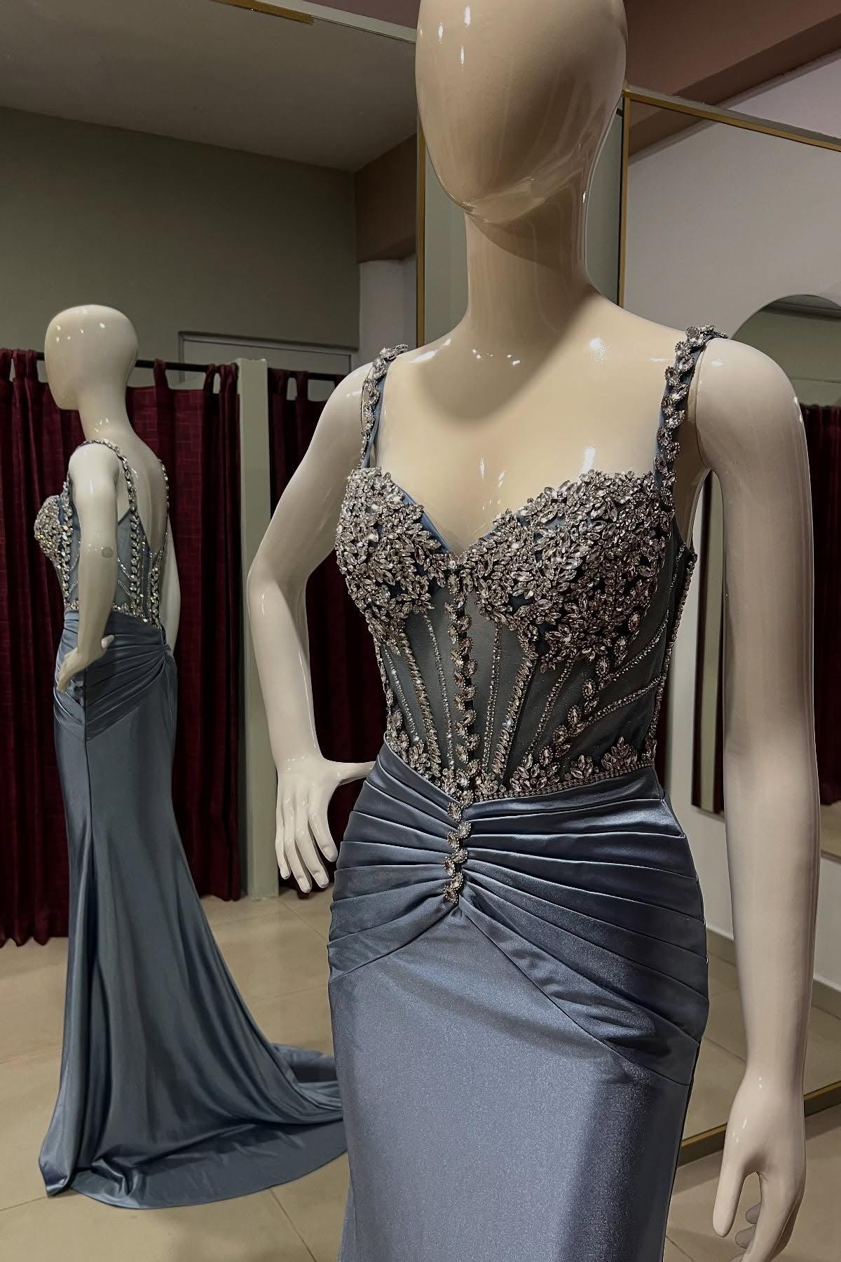 Dreamyannie Dusty Blue Prom Dress Mermaid Spaghetti Straps Satin Rhinestones Formal Dress