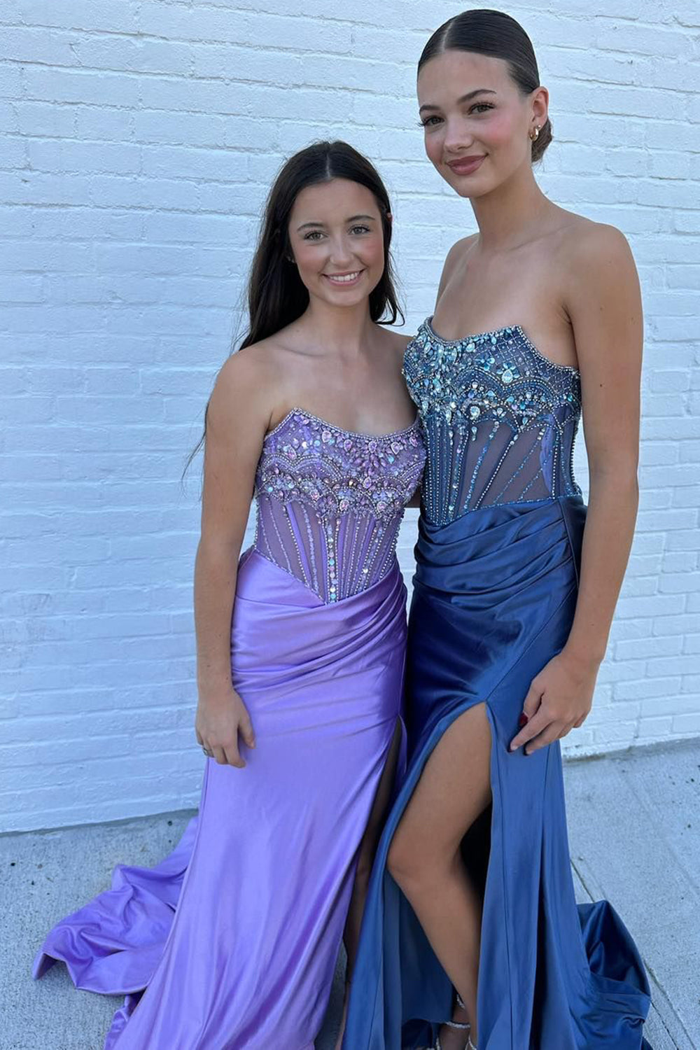 Dreamyannie Dusty Blue Prom Dress Strapless Corset Long Formal Dress With Slit