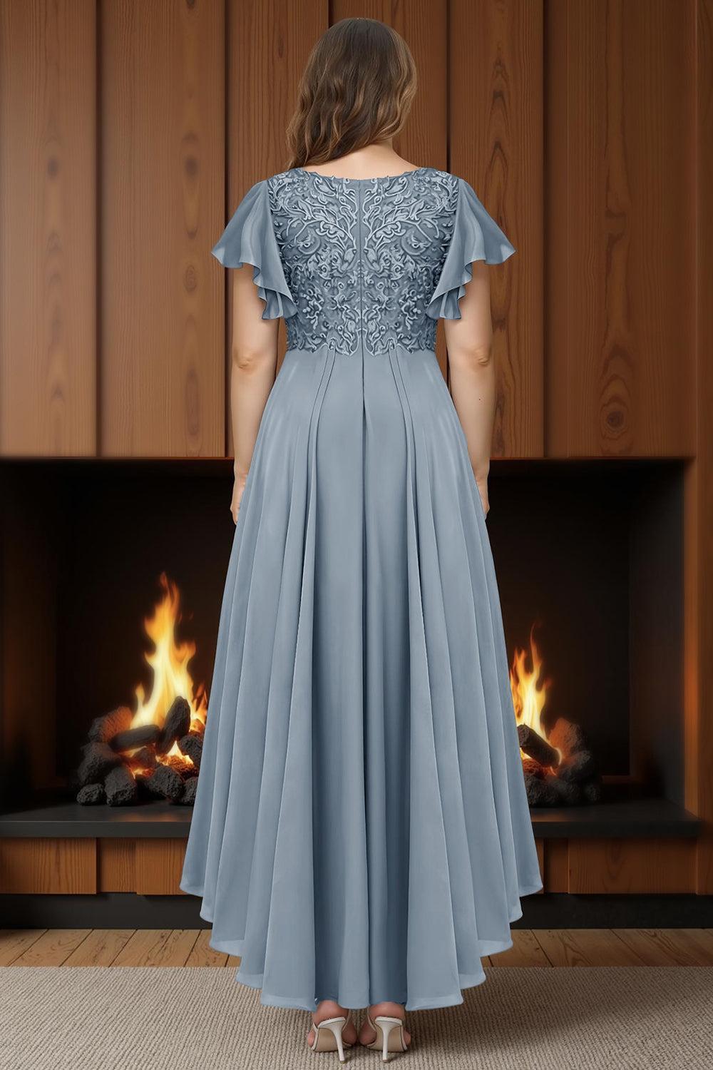 Dreamyannie Dusty Blue Ruffled Sheath Chiffon Ankle Length Plus Size Mother Of The Bride Dress