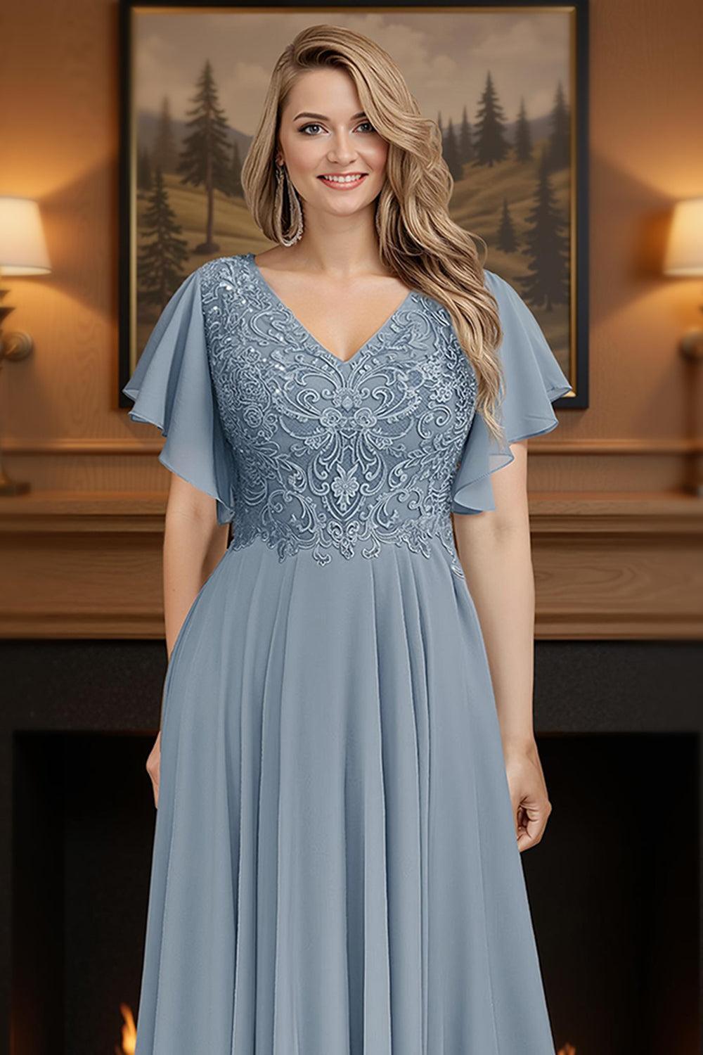 Dreamyannie Dusty Blue Ruffled Sheath Chiffon Ankle Length Plus Size Mother Of The Bride Dress