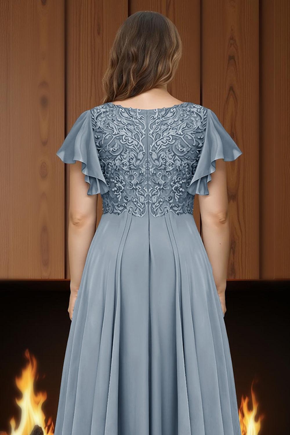Dreamyannie Dusty Blue Ruffled Sheath Chiffon Ankle Length Plus Size Mother Of The Bride Dress