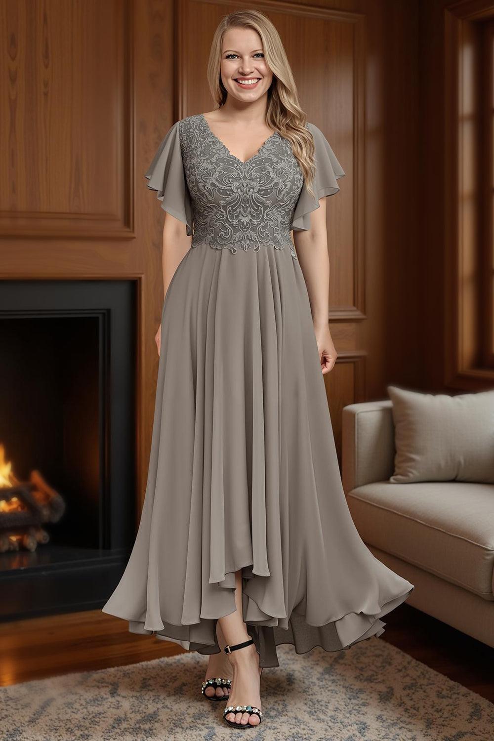 Dreamyannie Dusty Blue Ruffled Sheath Chiffon Ankle Length Plus Size Mother Of The Bride Dress