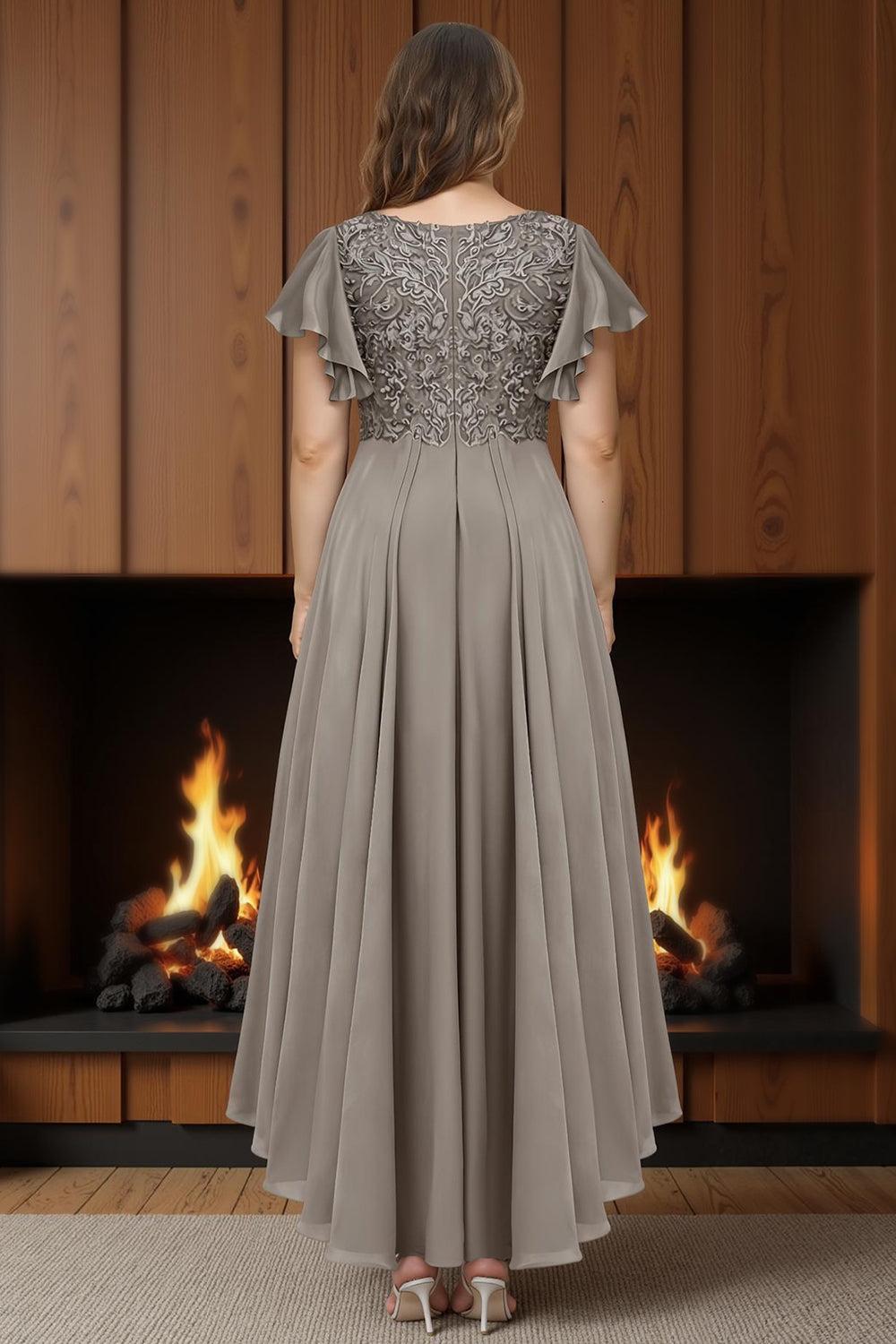 Dreamyannie Dusty Blue Ruffled Sheath Chiffon Ankle Length Plus Size Mother Of The Bride Dress