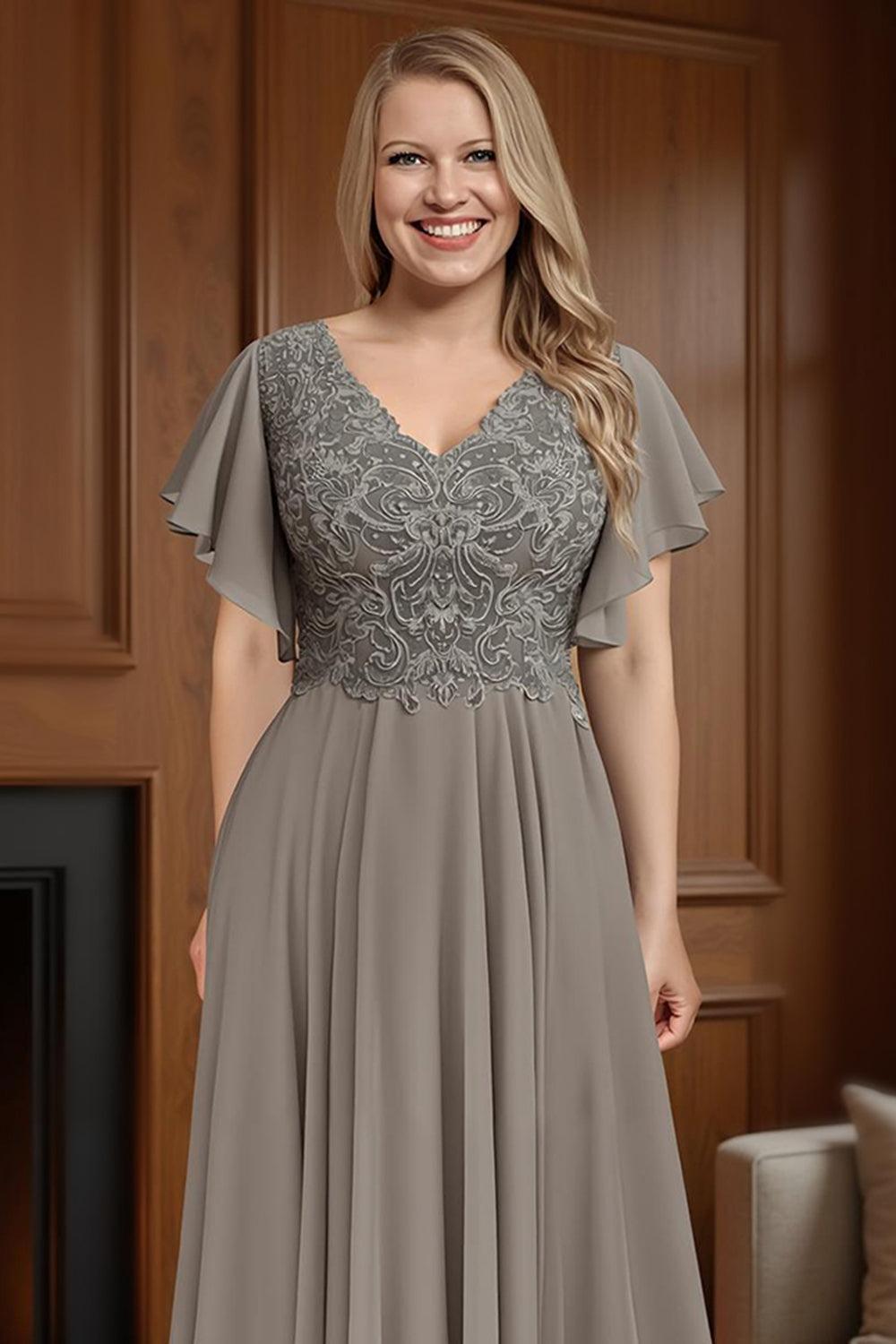 Dreamyannie Dusty Blue Ruffled Sheath Chiffon Ankle Length Plus Size Mother Of The Bride Dress
