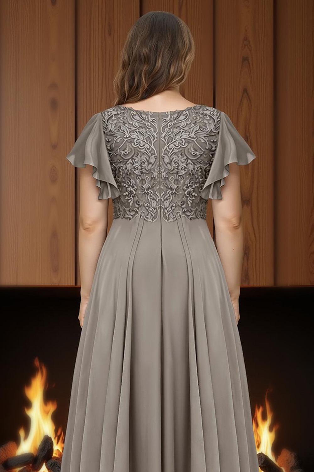 Dreamyannie Dusty Blue Ruffled Sheath Chiffon Ankle Length Plus Size Mother Of The Bride Dress
