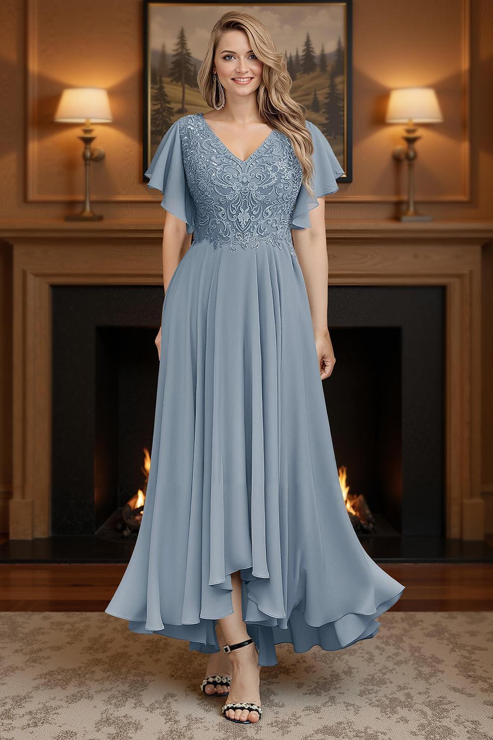 Dreamyannie Dusty Blue Ruffled Sheath Chiffon Ankle Length Plus Size Mother Of The Bride Dress