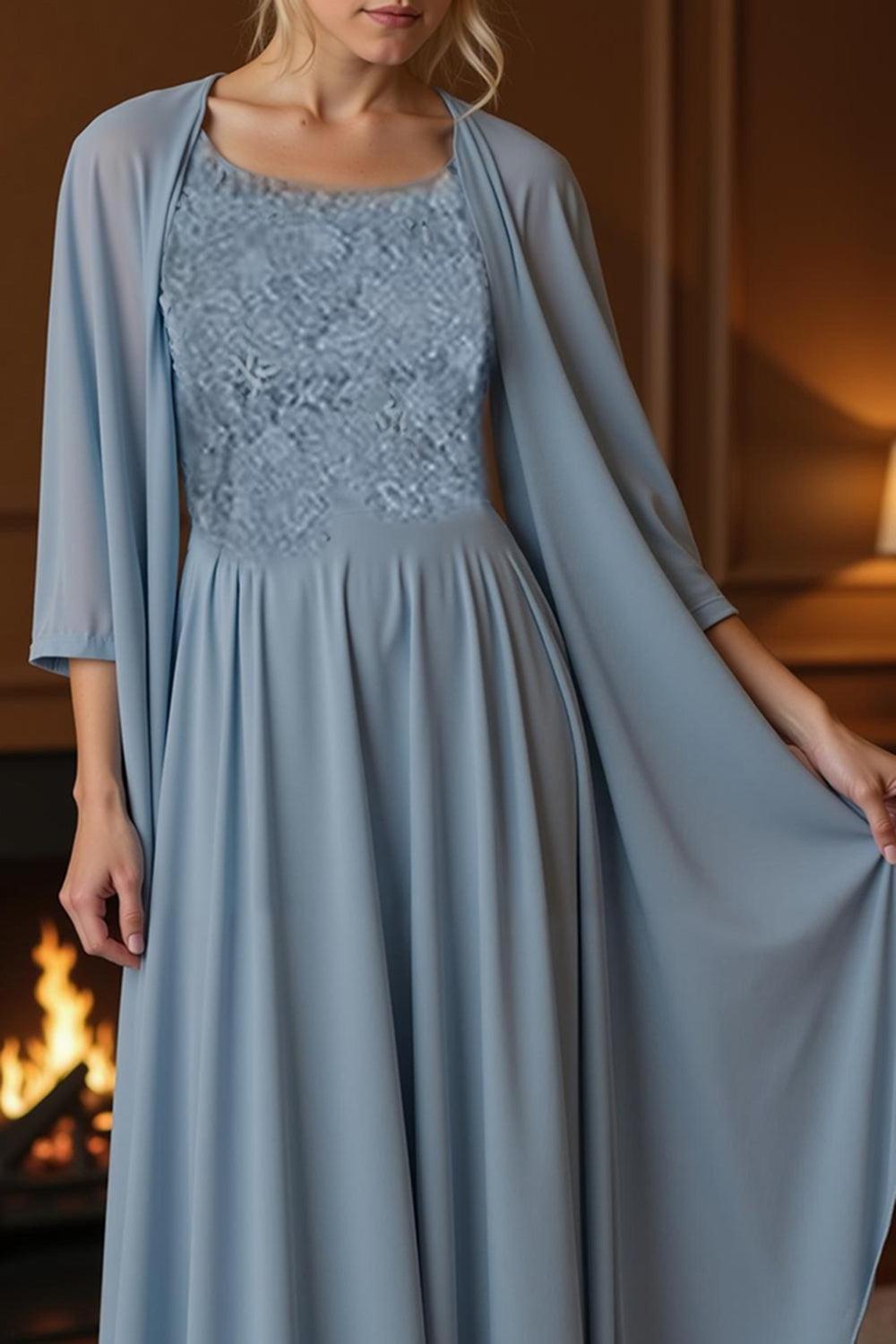 Dreamyannie Dusty Blue Sheath Floor Length 2 Piece Mother Of The Bride Dress With Jacket