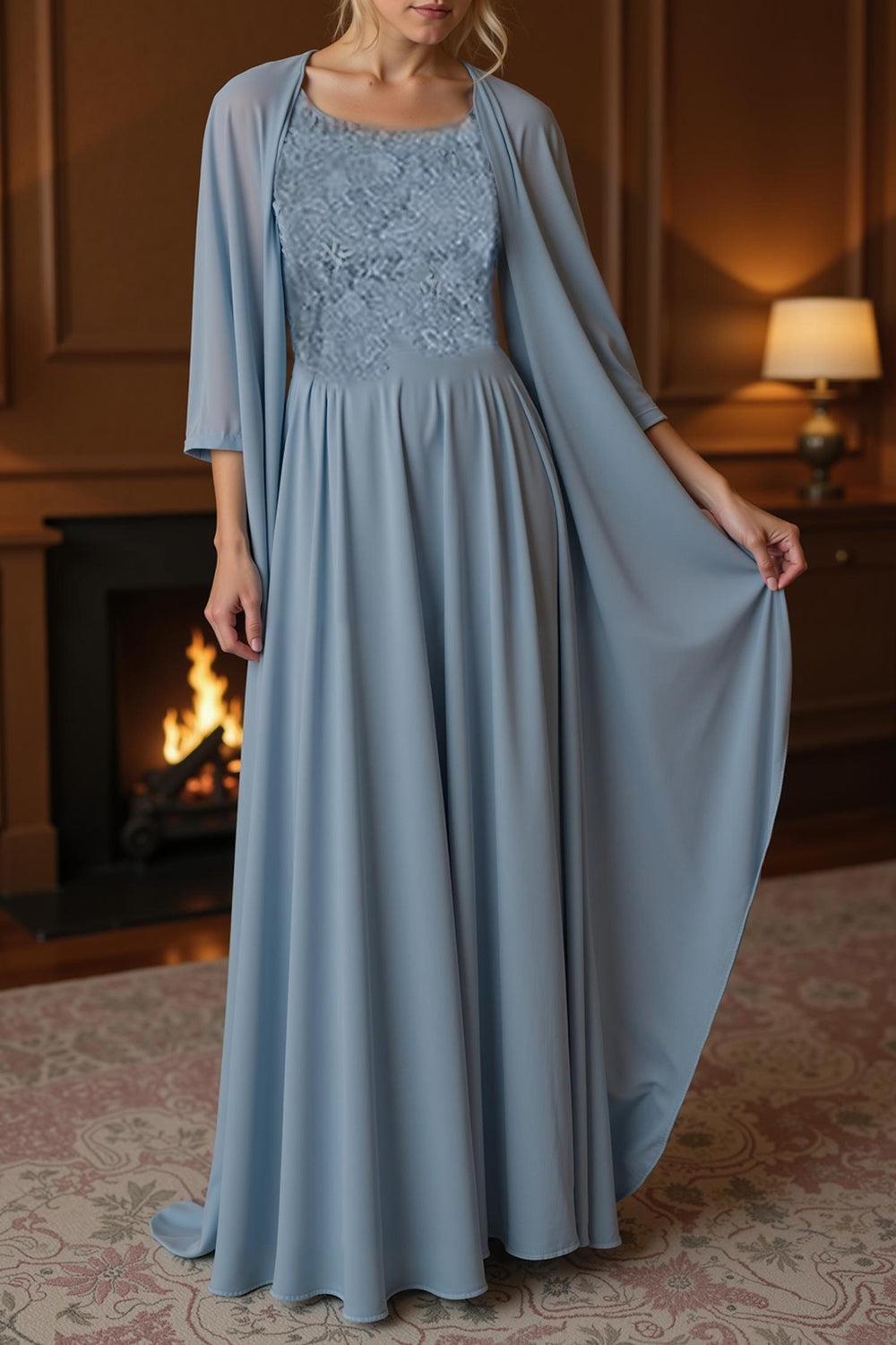 Dreamyannie Dusty Blue Sheath Floor Length 2 Piece Mother Of The Bride Dress With Jacket
