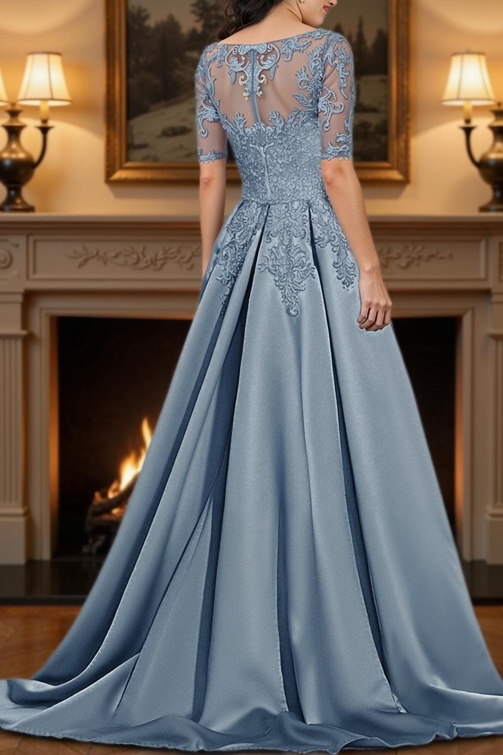 Dreamyannie Dusty Blue V Neck A Line Floor Length Mother Of The Bride Dress With Lace